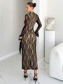 Siren Gaze Women's Elegant New Lace Fitted Flare Sleeve Stand Collar Dress - Black - View 2