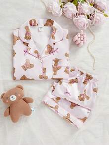 Set Piyama Musim Panas 2pcs untuk Anak Perempuan, Kasual dan Nyaman, Motif Beruang, Atasan Polo Lengan Pendek dan Celana Pendek. - Berwarna merah muda - View 7