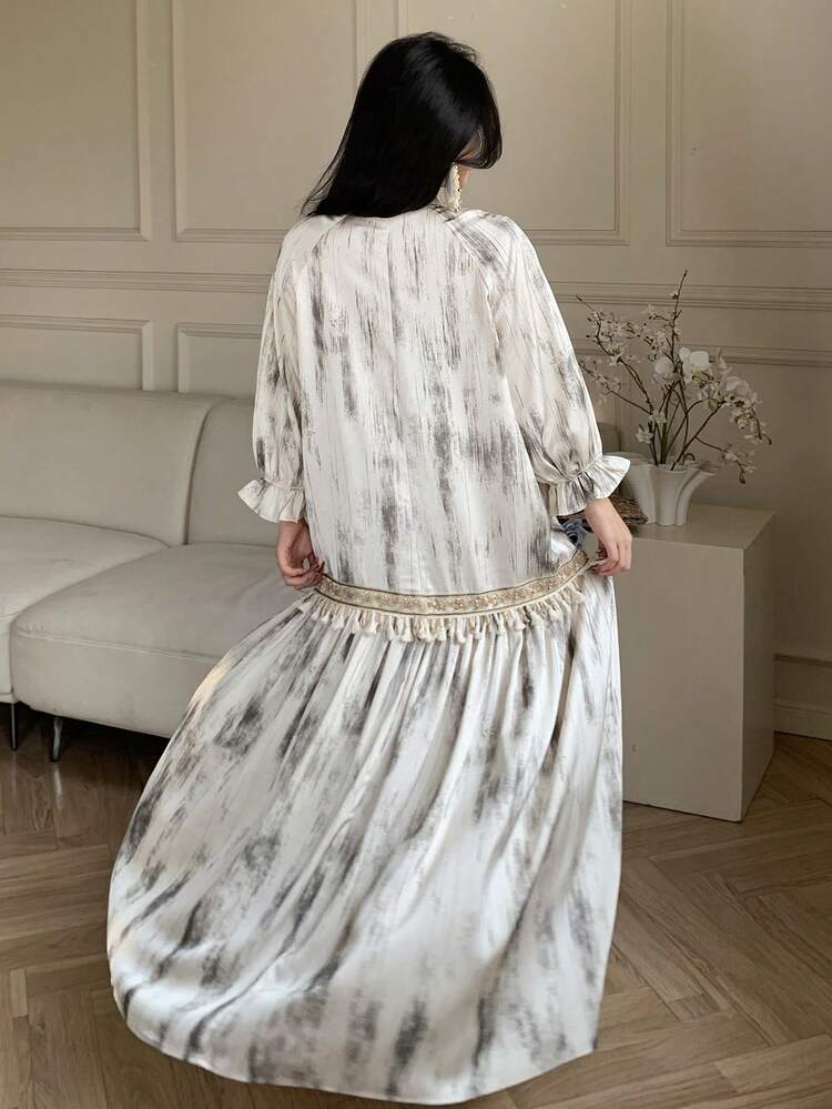 Floral Print Fringe Trim Gold Edge Decor 3/4 Sleeve Loose Dress, Elegant Resort Wear For Women, Spring/Summer Sundress