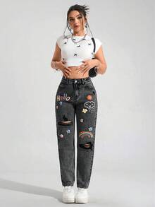 SHEIN ICON 大码做旧百搭休闲彩色印花牛仔裤 - 黑色 - 查看 7
