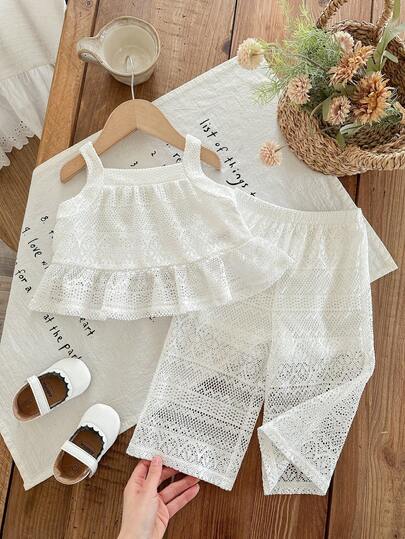 SHEIN 女婴可爱度假休闲米色针织提花吊带背心和松紧腰短裤套装