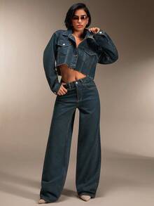 SHEIN 100% Cotton Women's Denim Brown Jacket & Pants Two Pieces Outfits - Brown - View 5