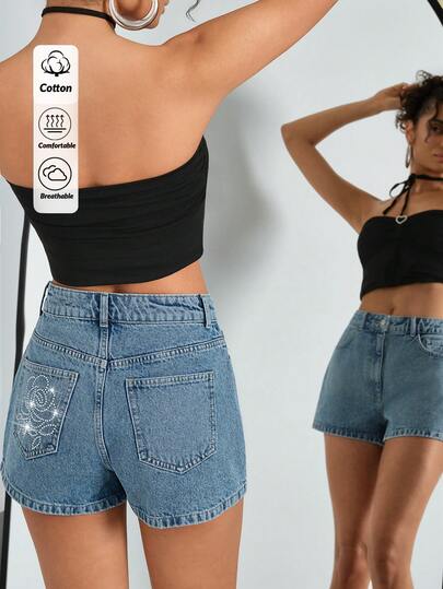 SHEIN Short taille haute ROSE avec mini-strass en denim pour femme