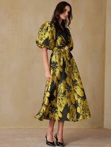 BELROSIE Textured Jacquard Elegant Waist-Cinching Long Dress With Contrast Color Collar, Metal Buckle Belt And Balloon Sleeves - Multicolor - View 5