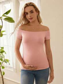 SHEIN Maternity Simple Solid Off-Shoulder T-Shirt For Daily Wear - Pink - View 3