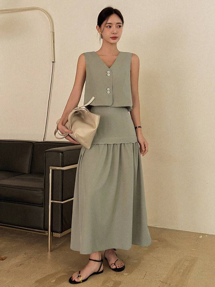 Women V-Neck Sleeveless Top And Long A-Line Skirt Casual Vacation 2 Pieces Set
