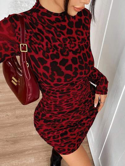 SHEIN EZwear Leopard Print Mesh Ruched Long Sleeve Bodycon Mini Dress For Women