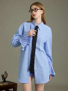 Elnivra Blusa holgada de manga larga con cuello de contraste y pliegues - Azul - Ver 4