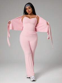 Rhythm Era 3pcs Women's Tie-Up Long Sleeve Top, Pleated Camisole, And Flared Pants Set, Casual Sports Yoga Outfit For Daily Wear, Plus Size Lounge Sets For Women Three Piece Pants Set Pink 3 Piece Set Pink Lounge Set Long Sleeve Pant Set Tall Three Piece Set Pink 3 Piece Set Comfortable Three Piece Set - Pink - View 7