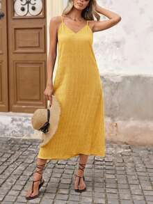 Brillora Vacation Solid Color Woven Spaghetti Strap Textured Midi Dress ,Summer Dress - Yellow - View 5