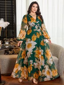 Modelyn 大码女式优雅印花收腰宽松半透明连衣裙 - 彩色 - 查看 5