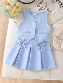 Souflis Souflis Young Girls Sweet Pink Sleeveless Pearl Button Vest + Bowknot Pleated Skirt 2-Piece Set, Elegant Casual Summer Outfit - Blue - View 3
