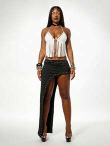 SUMWON WOMEN Faux Suede Halter Fringe Top With Cross Detail And Eyelet Embellishments For Boho Western Style - White - View 5