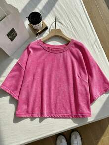 Comfortcana Plus Size Fuchsia Washed Snow Flower Cotton Short Sleeve T-Shirt, Spring - Hot Pink - View 6