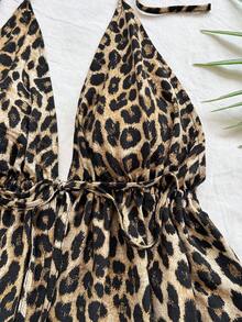 Soleia 休闲度假、西部海滩、婚礼宾客着装、毕业早午餐、圣帕特里克节春假、复活节、音乐节、优雅波西米亚热带风情露背蝴蝶结吊带豹纹吊带衫 - 黑與白 - 查看 4