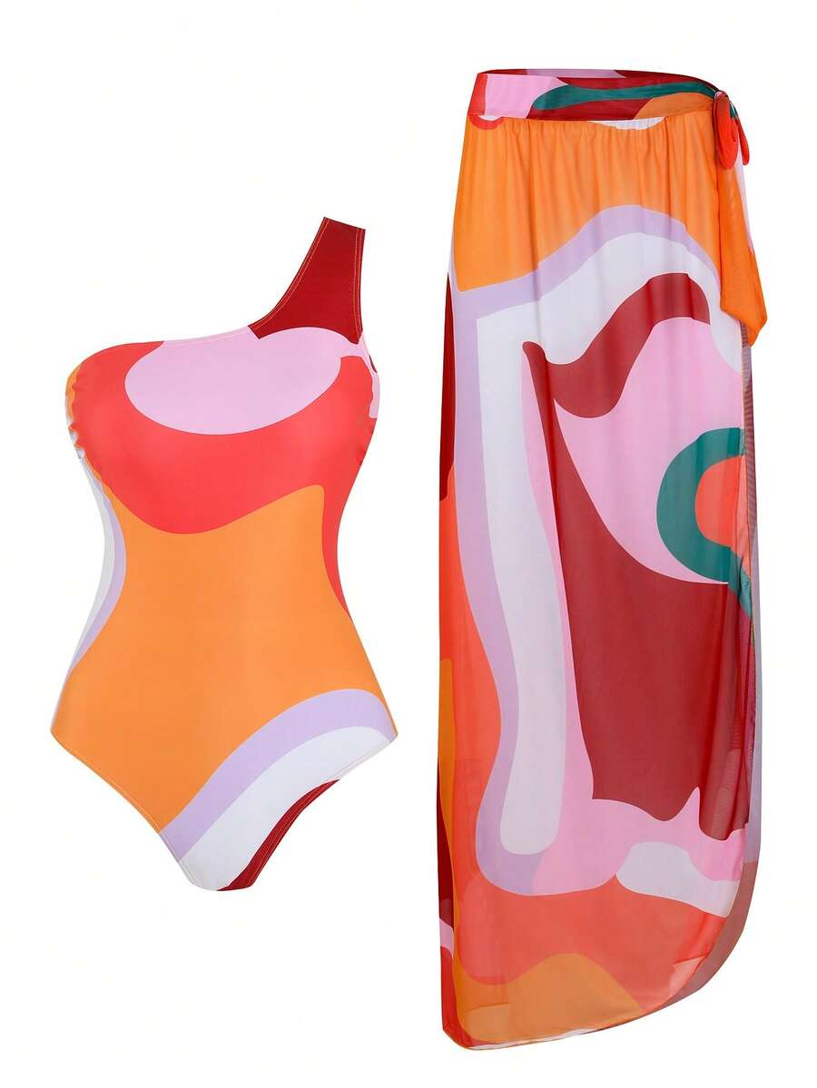 Swim Oasis 两件套比基尼泳衣,连体式吊带裙,性感优雅撞色泳装套装,春夏新款 - 彩色 - 查看 1