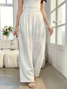 Modelyn 通勤休闲条纹印花褶皱宽松女裤 夏季女装 白色条纹长裤 - 白色 - 查看 5