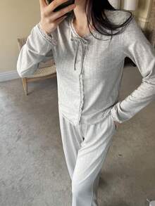 DAZY Comfortable Bow Lace Trim Jacquard Knit Women Pajama Set, Homewear - Grey - View 6