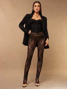 Silquee Women's Black Fashionable Sexy See-Through Lace High-Waisted Stretch Tight Lace Leggings, Sexy And Versatile, Festival Outfits For Women - Black - View 3