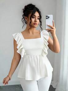 Elenzga Blusa de mujer talla grande con cuello cuadrado y ribete de volantes en unicolor - Blanco - Ver 6