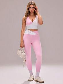Sovereign Charm Leggings ajustés à taille croisée asymétrique pour femmes, portables au quotidien et pour le sport, couleurs macaron - Rose bonbon - Voir 7