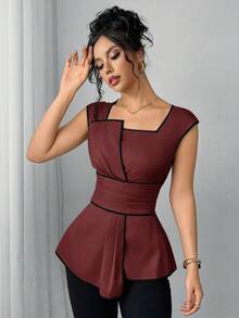 SHEIN Clasi Women's Contrast Trim Square Collar Asymmetric Hem Fitted Blouse - Burgundy - View 5