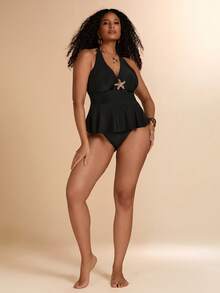 SHEIN BAE Plus Size Tank Top Swimwear Set, Black With Ruffles, Perfect For Beach Vacations And Swimming. Beach Outfits For Women Metal Starfish - Black - View 1