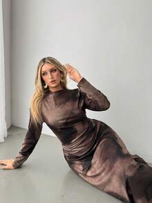 Auralis Plus Size Elegant Tie Dye Waist Cinched Long Sleeve Dress, Autumn Long Sleeve Elegant Dress Brown Elegant Dress Women Assymetrical Dress For Women Wedding Dress For Women - Brown - View 6