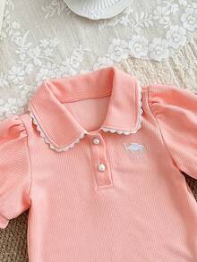 4Y-7Y Girls Casual Waffle Ruffle Collar Embroidered Camel Short Sleeve T-Shirt, Comfortable Soft Suitable For Spring/Summer Outdoor, Can Be Used As Gift - Pink - View 3