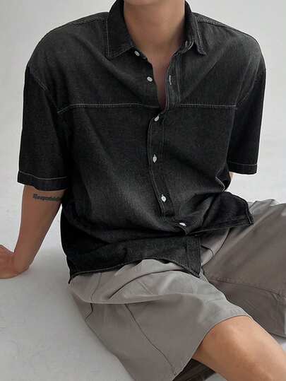 DAZY Men's Distressed Denim Short Sleeve Shirt, Summer