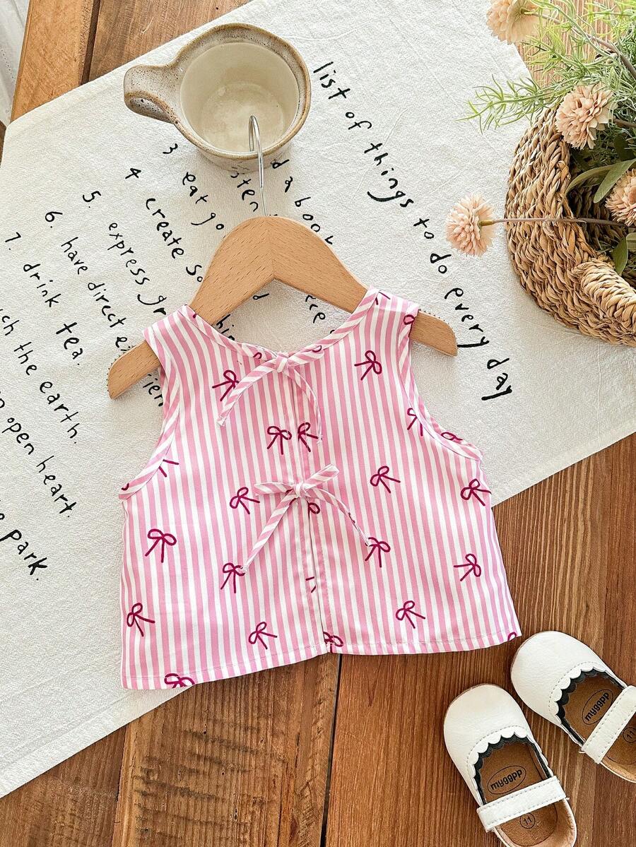 SHEIN 女宝宝可爱休闲度假粉白条纹蝴蝶结吊带背心 - 粉色 - 查看 1