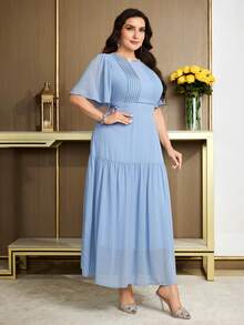 Modelyn Vestido elegante de manga corta con volantes y decoración de strass para tallas grandes - Azul - Ver 4