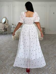 Flirla Modest Plus Size White Floral Print Ribbon Tie Bow Decor Dress,Summer Curve Party Vacation Picnic Cherry Peasant Milkmaid Strawberry Dress For Women - White - View 2