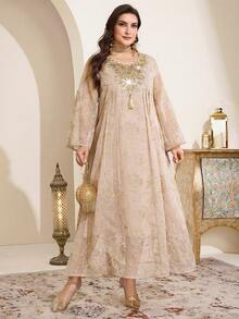 Al Najma Plus Size Women Pleated Floral Tassel Design Elegant Casual Party Holiday Flare Sleeve Dress - Beige - View 4