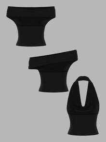 SHEIN Tall 3件套女士夏季T恤，纯色垂褶领百搭时尚上衣，一件上衣三种穿法，夏季女装，派对上衣 - 黑色 - 查看 4