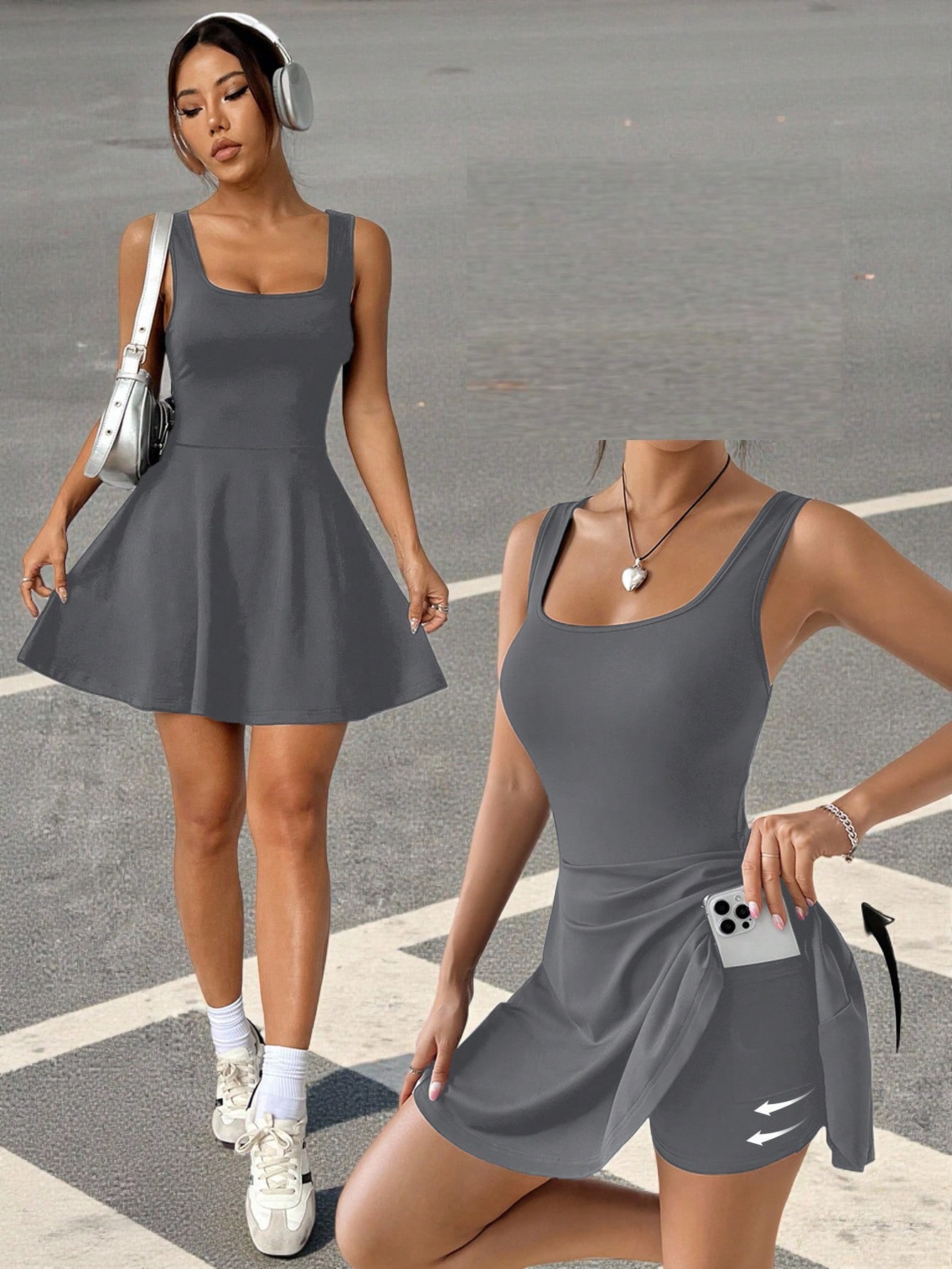 Ezwear Women&rsquo;S Knitted Sleeveless Bodycon Casual Sports Skort Dress,Dark Grey