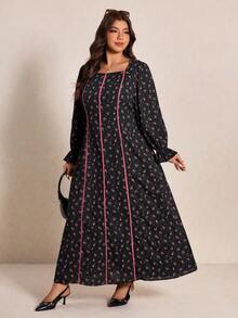 Elaquor Vestido Plus Size Floral Misterioso com Decote Quadrado e Mangas Compridas - Multicolorido - Ver 5