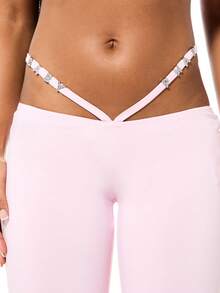 BABYPHAT High Rise Flare Leg Leggings With Lace Up Back Detail Stretchy Fabric Bell Bottom Style Pants - Pink - View 4