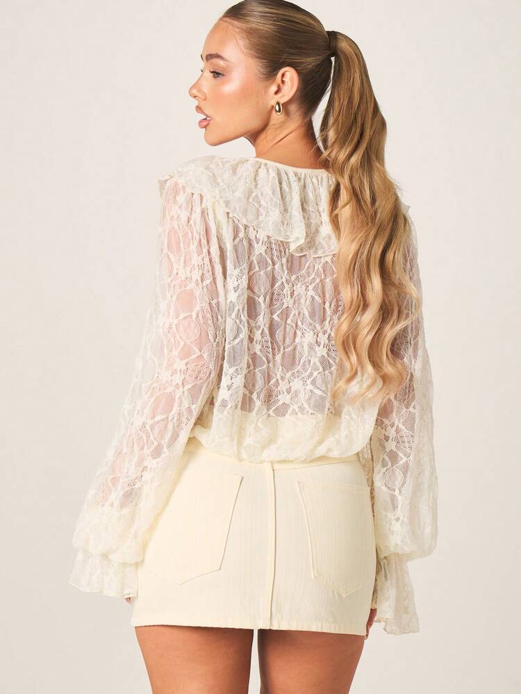 MISSGUIDED Elegant Long Sleeve Lace Blouse With V Neck And Ruffle Details For Spring Summer Occasions