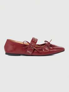 ROMWE Kawaii Chaussures plates à bout carré confortables avec décoration en nœud, style classique pour femmes - Rouge - Voir 2
