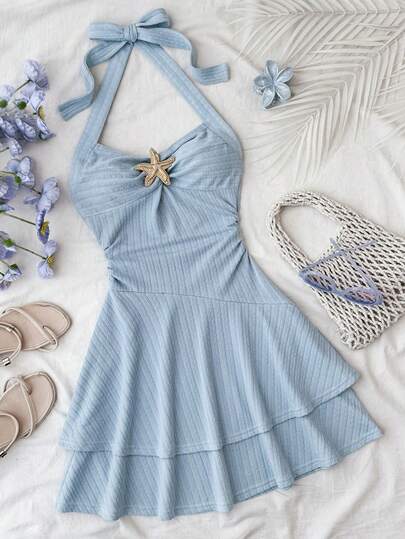 SHEIN Teen Girls Dresses New Spring & Summer Suitable For Beach Vacation Elegant Textured Fabric Halter Neck Tie Front Ruched Metallic Decor Tiered Ruffle Hem Playful Mini Dress