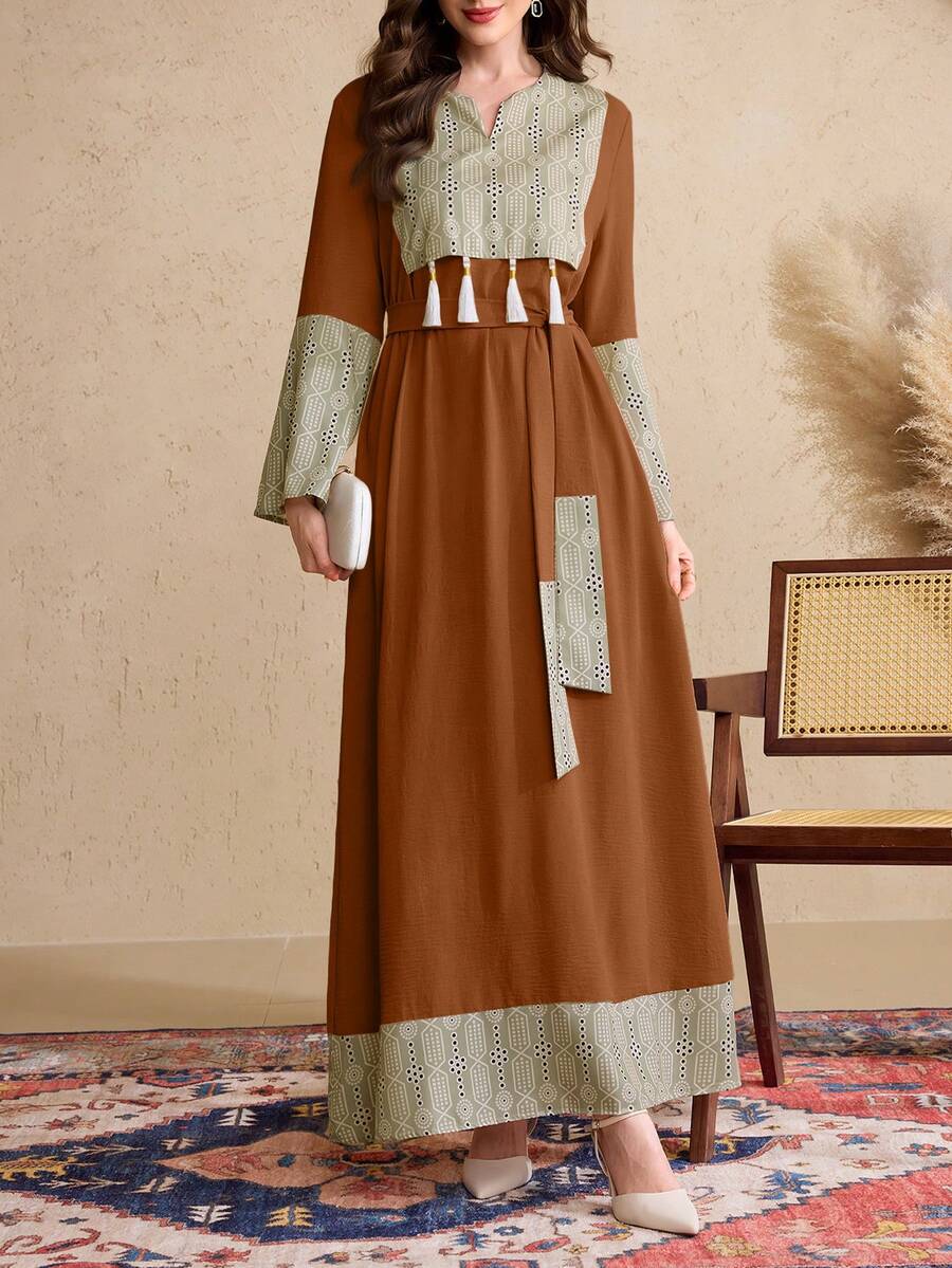 SHEIN Najma 女士优雅阿拉伯风格拼接流苏袖长连衣裙，阿拉伯连衣裙 - 紅木色 - 查看 1