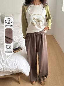 DAZY 2pcs/Set Women English Graphic Loose Contrast Color Raglan Sleeve Side Slit Drawstring T-Shirt And Pants Pajama Set - White - View 3
