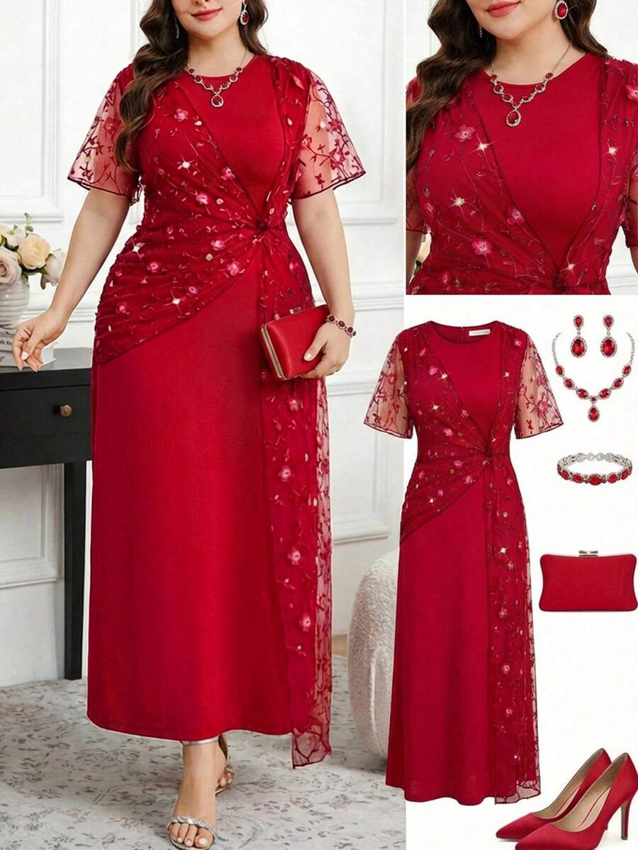 Reflora Đầm dự tiệc cỡ lớn thanh lịch thêu hoa phối lưới - Màu tím - Xem 1