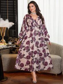 Modelyn Floral Print V-Neck Long Sleeve Waist Fit A-Line Plus Size Dress, Suitable For Spring And Autumn - Multicolor - View 7