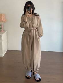 DAZY Combinaison ample pour femme avec manches lanternes et taille resserrée, couleur unie minimaliste, tenue de détente - Camel - Voir 11