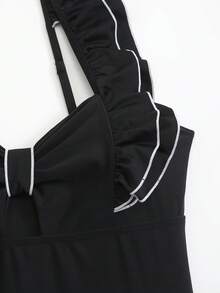 Swim Oasis Conjunto de traje de baño de mujer con falda con volantes y espalda descubierta, 2 piezas para vacaciones de verano y playa - Blanco y Negro - Ver 4