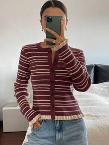 Livesso Women's Casual Striped Frill Trim Cardigan, Autumn/Winter - Burgundy - View 3