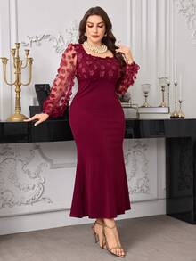 Modelyn Đầm dài tay cổ tròn dáng đuôi cá ôm sát người, chất liệu dệt kim phối họa tiết hoa 3D, cỡ lớn, thanh lịch, thích hợp cho mùa xuân/thu. - Màu Đỏ Sâu - Xem 5