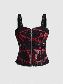 ROMWE Áo vest denim bó sát in hình ngôi sao năm cánh kiểu Gothic, đính đinh tán kim loại và khoen cài. - màu đen - Xem 1